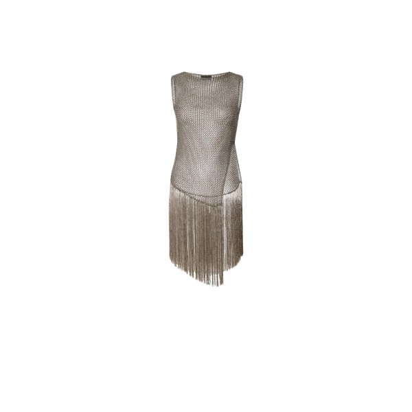 Metallic Netting Fringe Asymmetric Top in Gunmetal