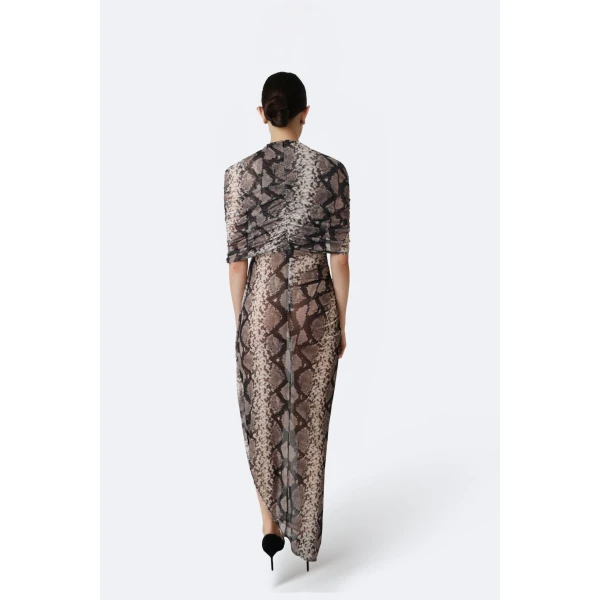 printed mesh double shawl draped dress