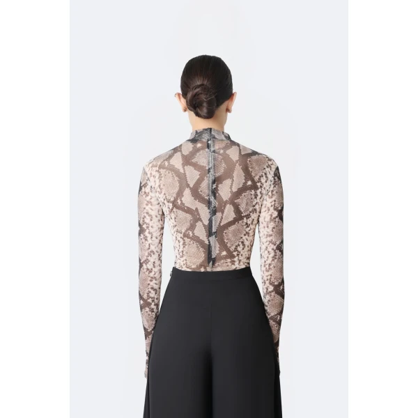 printed mesh mock neck bodysuit