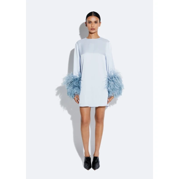 satin shift dress with feathers