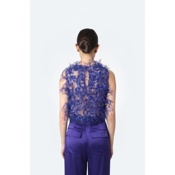 sequin & feather embroidery cropped tank