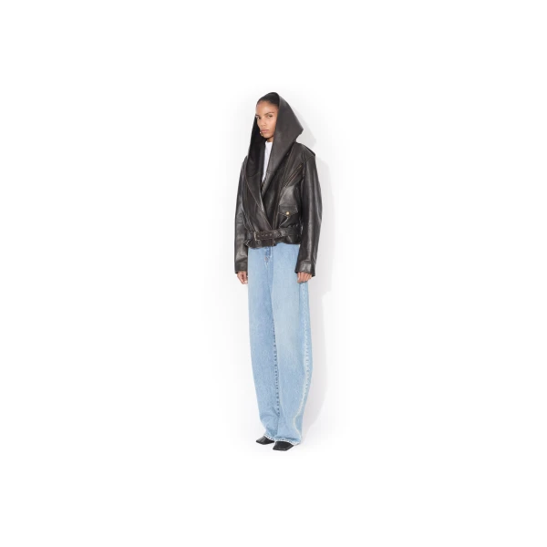 Alaia Leather Hooded Biker Jacket, view 2