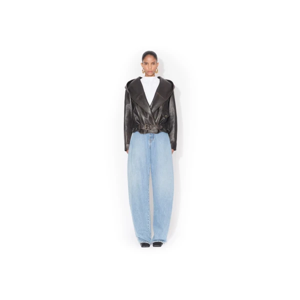 Alaia Leather Hooded Biker Jacket, view 3