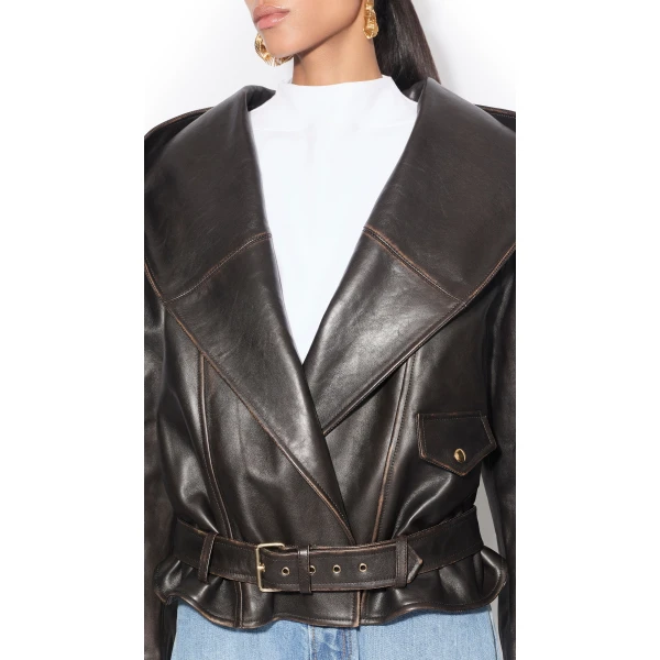 Alaia Leather Hooded Biker Jacket, view 6