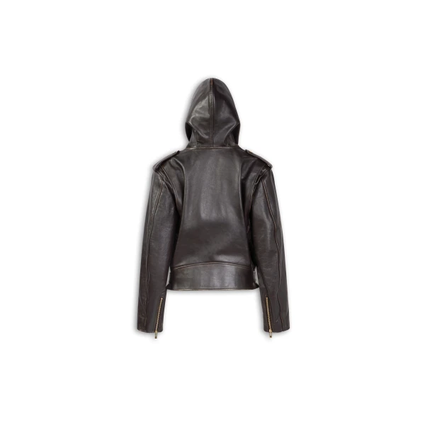 Alaia Leather Hooded Biker Jacket, view 7