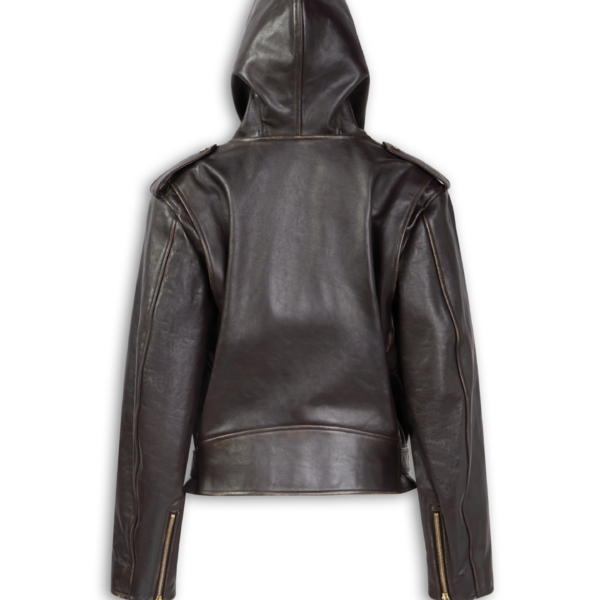 Leather Hooded Biker Jacket - Image 7