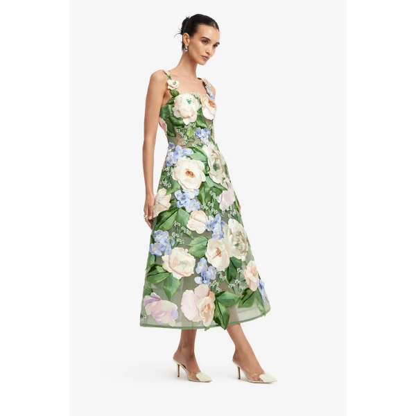 Leo Lin Beatrice Floral Hand Embroidered Midi Dress  - Leo Lin Dress - Australian Luxury Fashion - Shop at Coveti