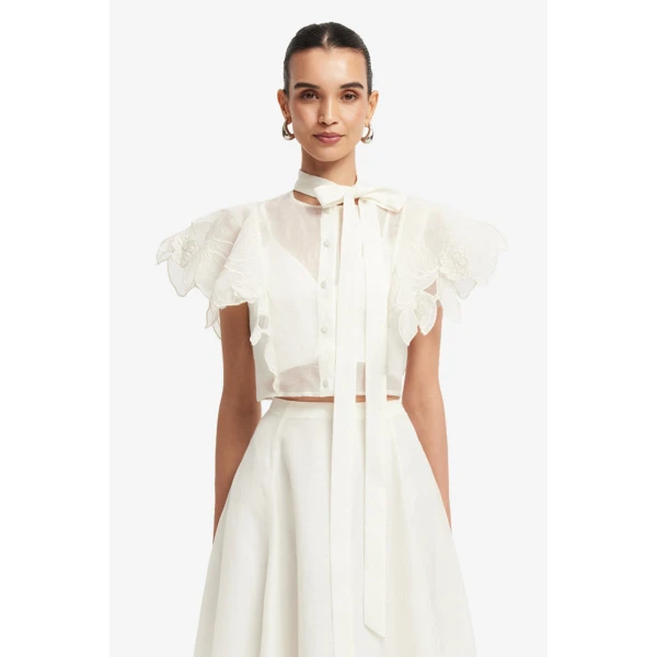 Leo Lin Jasmine Appliqué Flutter Sleeve Top  - Leo Lin Dress - Australian Luxury Fashion - Shop at Coveti