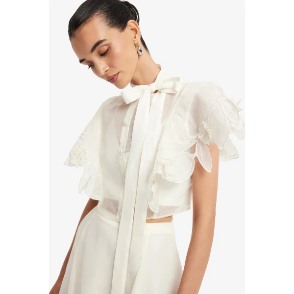 Leo Lin Jasmine Appliqué Flutter Sleeve Top  - Leo Lin Dress - Australian Luxury Fashion - Shop at Coveti
