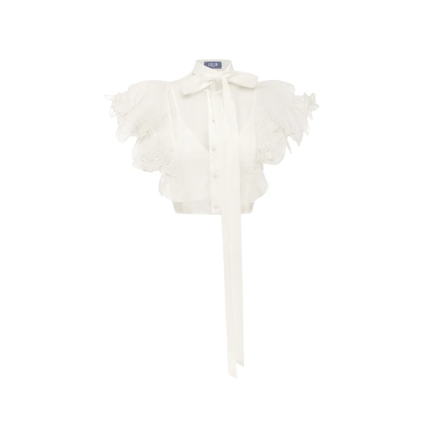 Leo Lin Jasmine Appliqué Flutter Sleeve Top  - Leo Lin Dress - Australian Luxury Fashion - Shop at Coveti