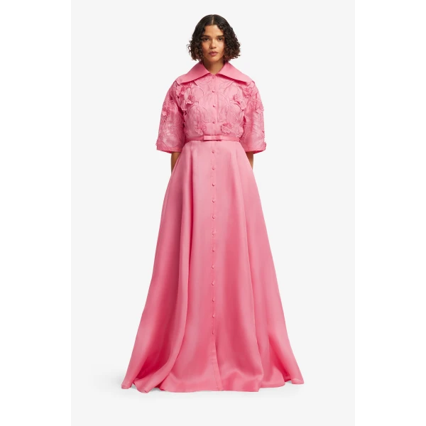 Leo Lin Junia Appliqué Puff Sleeve Silk Gown  - Leo Lin Dress - Australian Luxury Fashion - Shop at Coveti