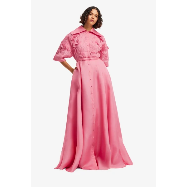 Leo Lin Junia Appliqué Puff Sleeve Silk Gown  - Leo Lin Dress - Australian Luxury Fashion - Shop at Coveti
