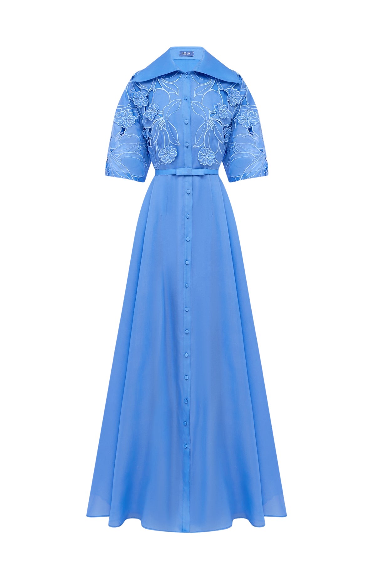 Leo Lin Junia Appliqué Puff Sleeve Silk Gown