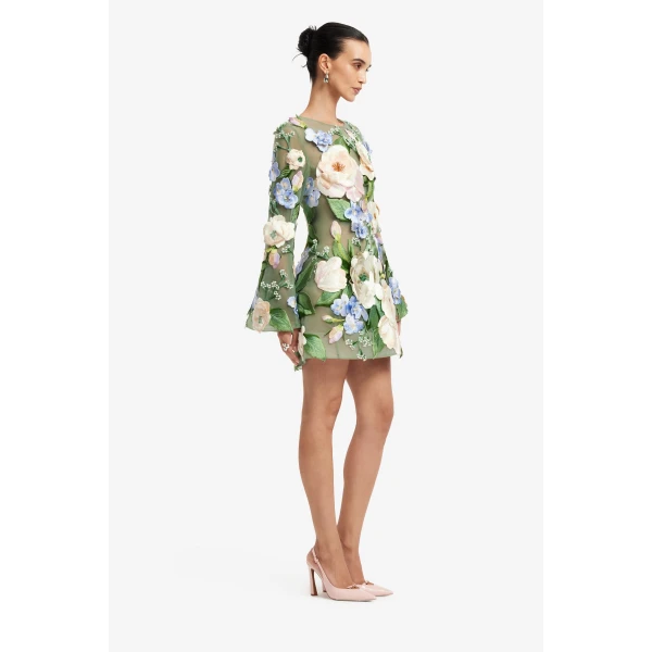Leo Lin Suzanne Floral Hand Embroidered Bell Sleeve Mini Dress  - Leo Lin Dress - Australian Luxury Fashion - Shop at Coveti