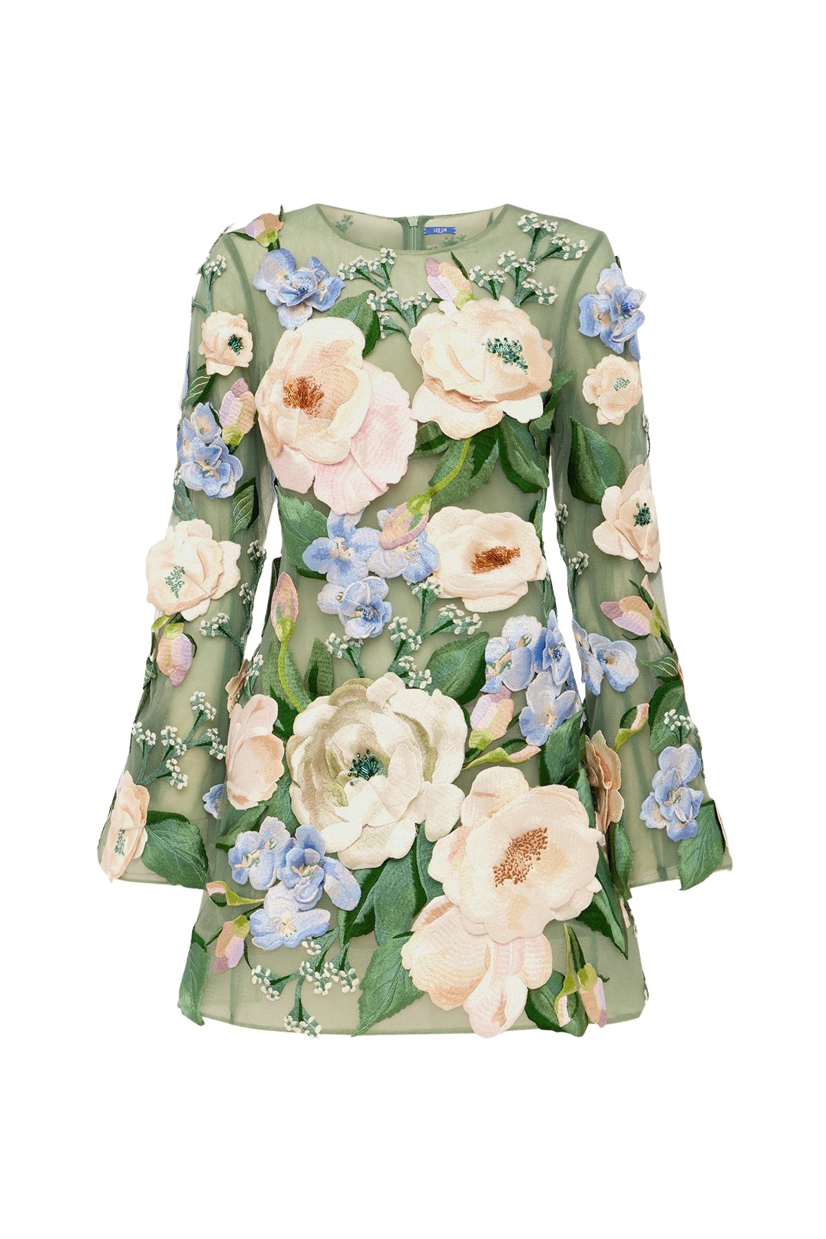 Leo Lin Suzanne Floral Hand Embroidered Bell Sleeve Mini Dress