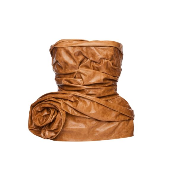 Magda Butrym Flower peplum leather corset top in camel