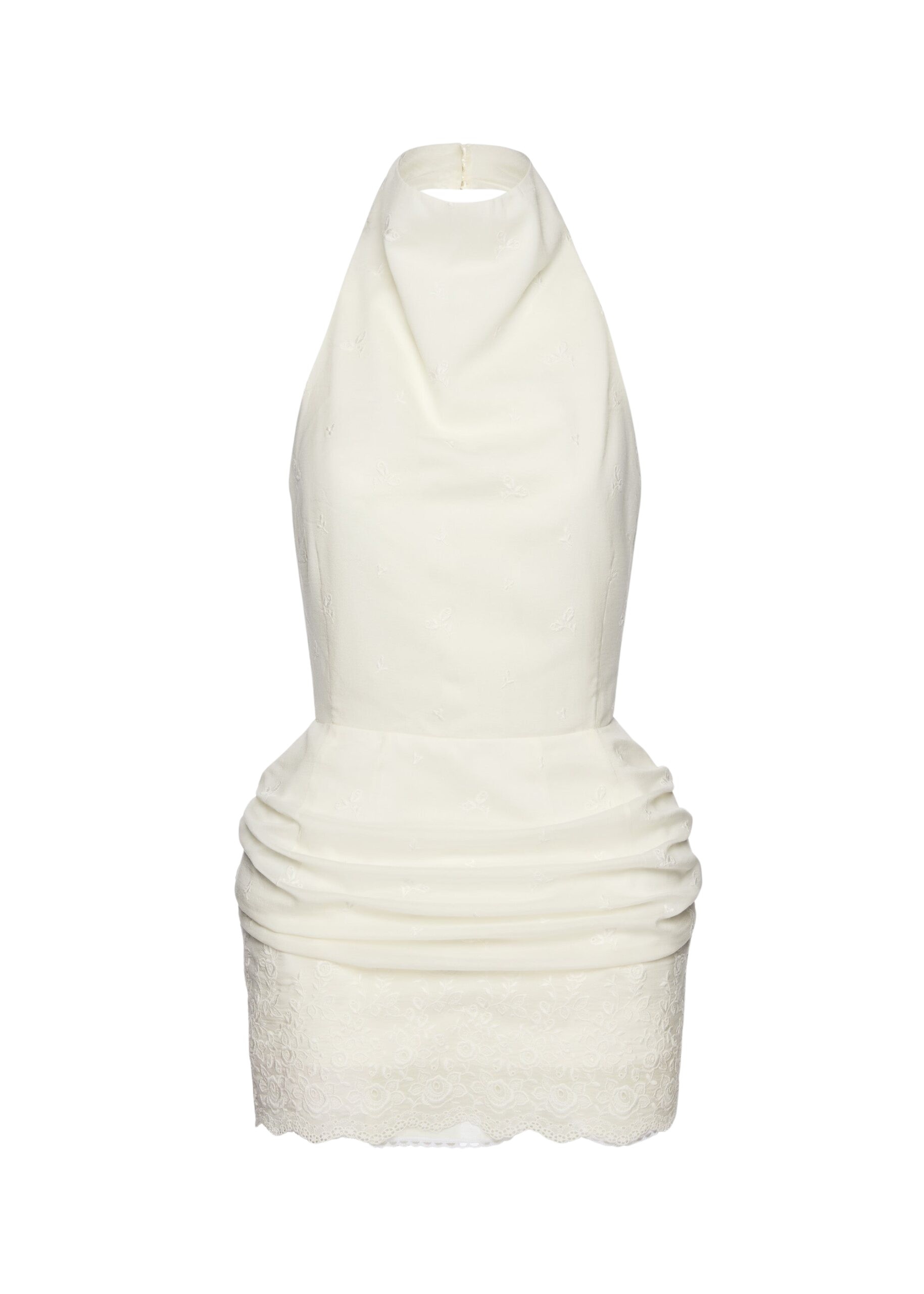 Magda Butrym Halterneck mini dress with draped embroidered skirt in cream