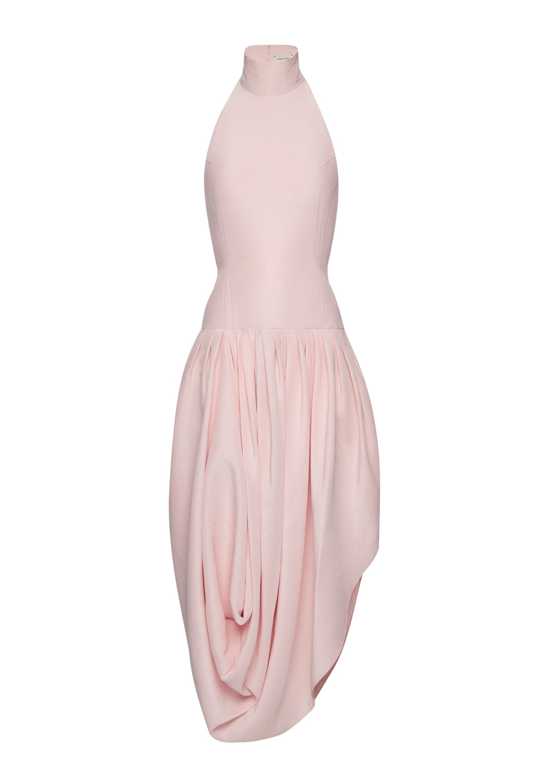 Magda Butrym Long draped silk halterneck dress with high collar in pink