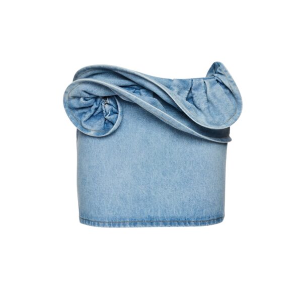 Magda Butrym Mini denim skirt with hand-twisted flower detail in light blue