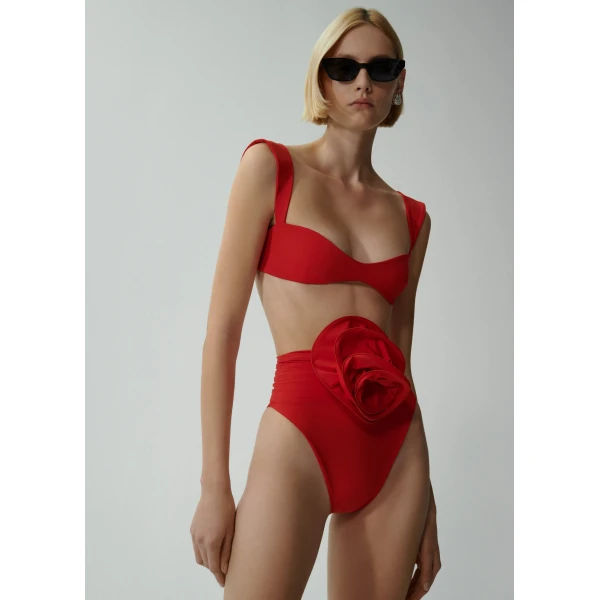 Magda Butrym Retro bustier swim top in red, view 2