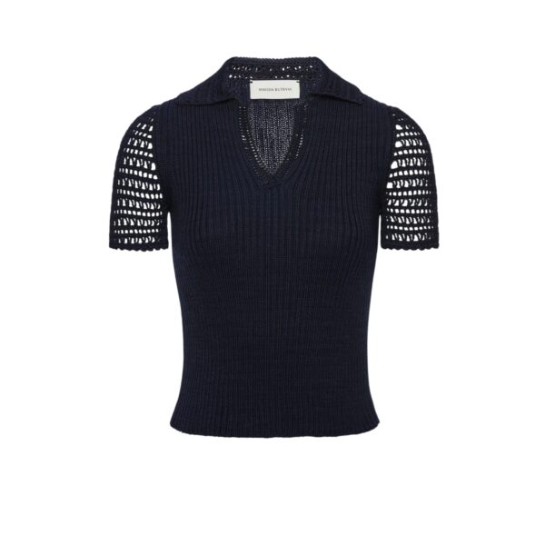 Magda Butrym Ribbed polo knit top in navy