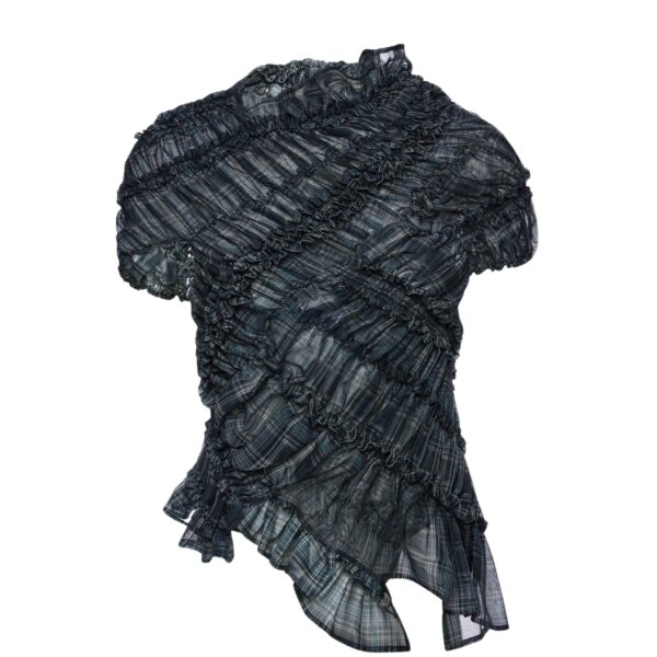 Magda Butrym Ruched cotton short sleeve blouse in blue check