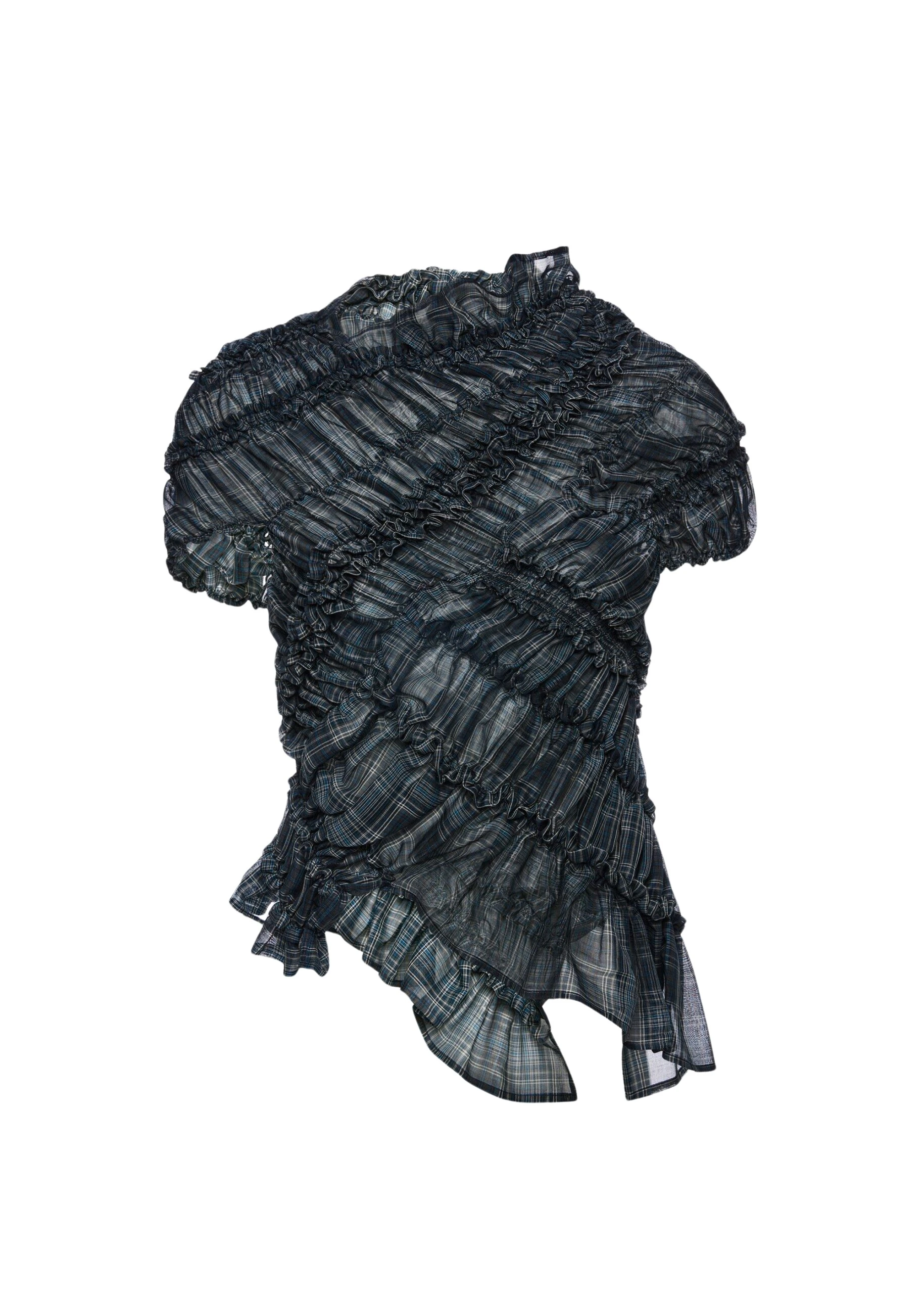 Magda Butrym Ruched cotton short sleeve blouse in blue check