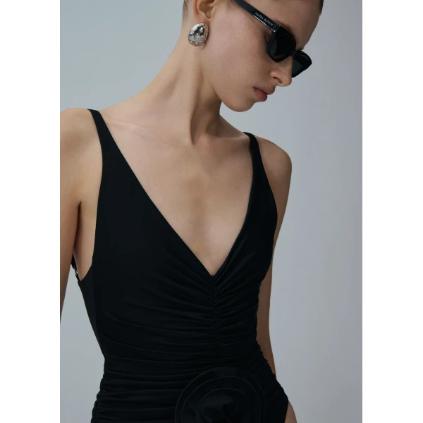 Magda Butrym Ruched flower swimsuit in black, view 3