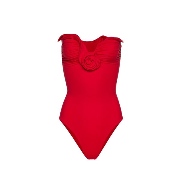 Magda Butrym Sculptural rose bustier swimsuit in red