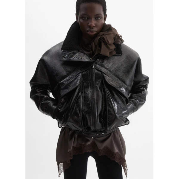 Magda Butrym Shearling bomber jacket in black patent leather, view 2