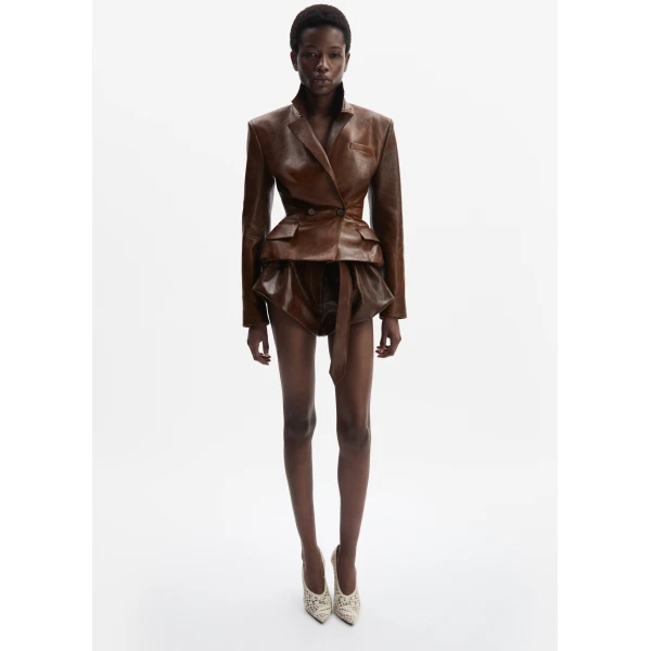 Magda Butrym Tailored leather peplum blazer in light brown, view 2