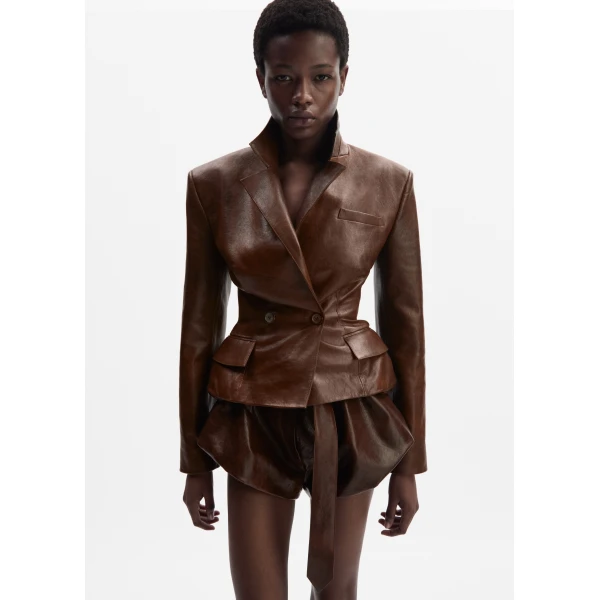Magda Butrym Tailored leather peplum blazer in light brown, view 3