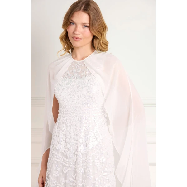 Needle & Thread Anais Sequin Cape Gown in Swan White - Dresses - British Luxury Evening Wear at Coveti