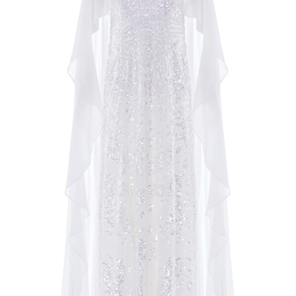 Needle & Thread Anais Sequin Cape Gown in Swan White - Dresses - British Luxury Evening Wear at Coveti