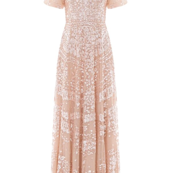 Needle & Thread Anais Sequin Short Sleeve Gown in Biscuit - Dresses - British Luxury Evening Wear at Coveti