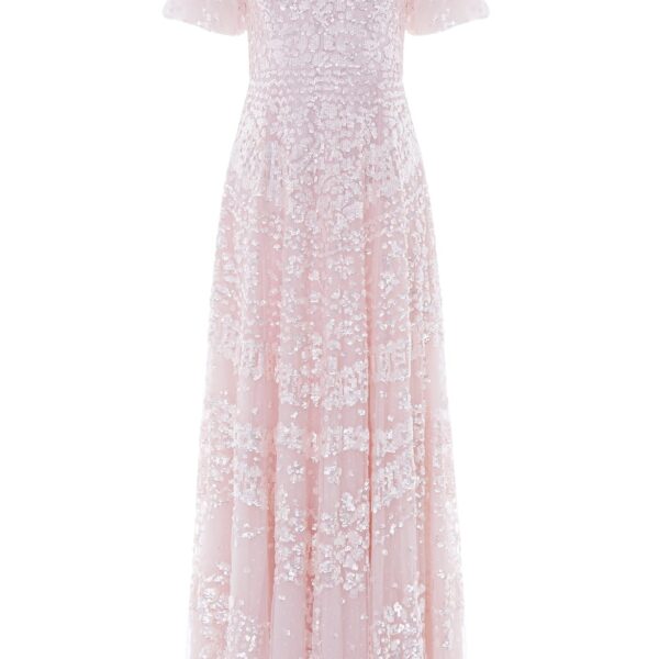 Needle & Thread Anais Sequin Short Sleeve Gown in Shell - Dresses - British Luxury Evening Wear at Coveti