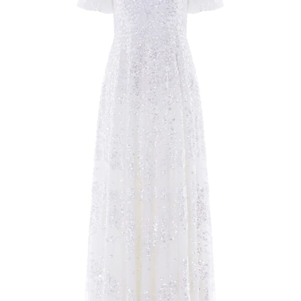 Needle & Thread Anais Sequin Short Sleeve Gown in Swan White - Dresses - British Luxury Evening Wear at Coveti