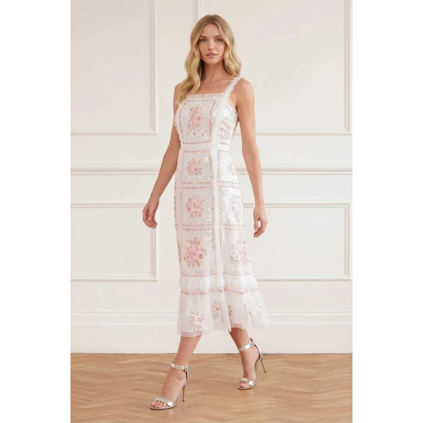 Needle & Thread Blossom Bib Ballerina Dress in Swan White/Multi - Dresses - British Luxury Evening Wear at Coveti