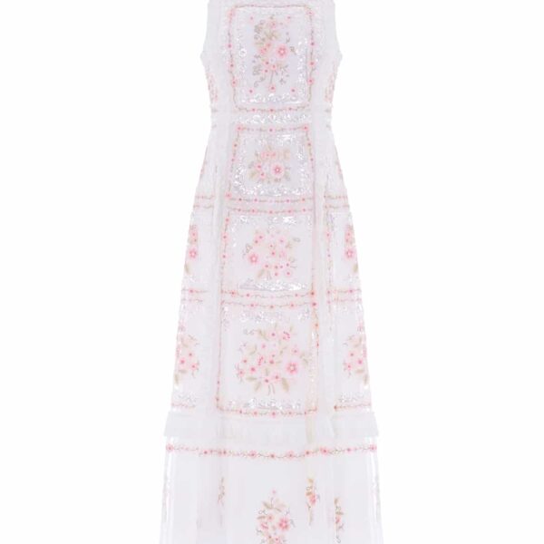Needle & Thread Blossom Bib Ballerina Dress in Swan White/Multi - Dresses - British Luxury Evening Wear at Coveti