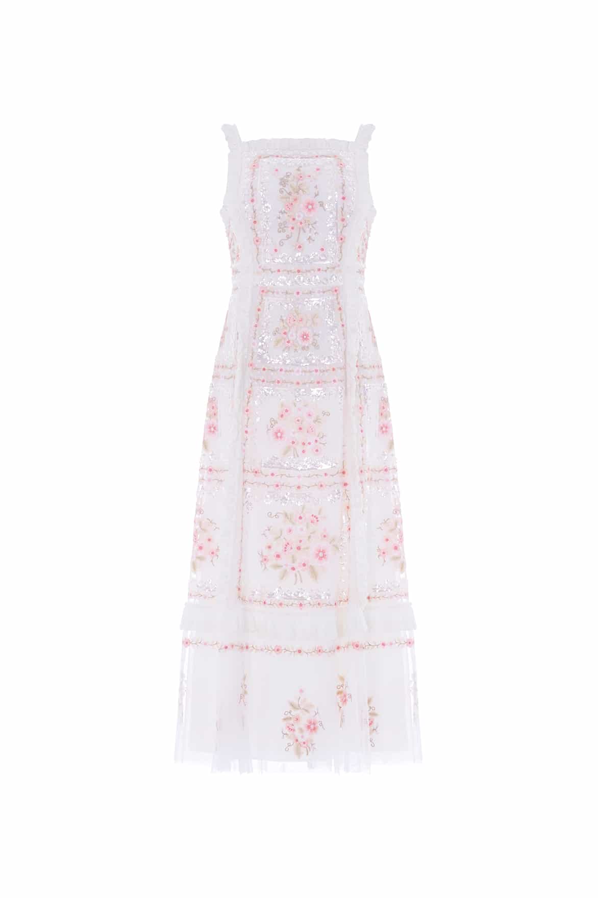 Needle & Thread Blossom Bib Ballerina Dress in Swan White/Multi - Dresses - British Luxury Evening Wear at Coveti