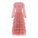 Needle & Thread Blossom Lace Ankle Gown in Misty Rose - Dresses - British Luxury Evening Wear at Coveti