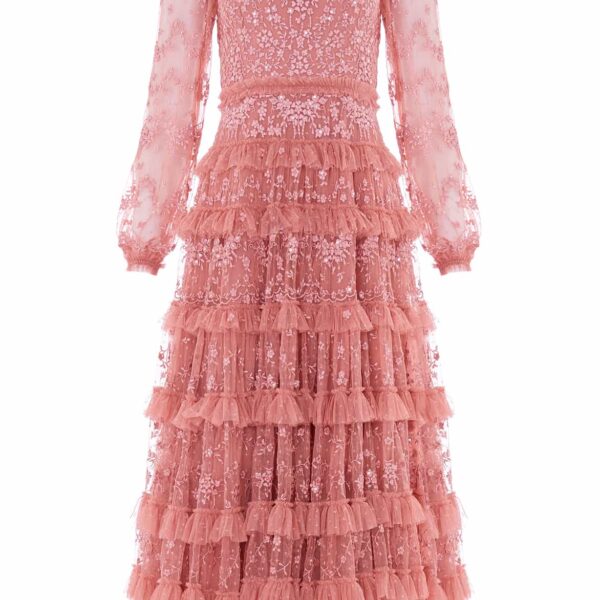 Needle & Thread Blossom Lace Ankle Gown in Misty Rose - Dresses - British Luxury Evening Wear at Coveti