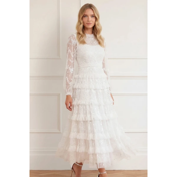 Needle & Thread Blossom Lace Ankle Gown in Swan White - Dresses - British Luxury Evening Wear at Coveti