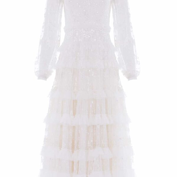 Needle & Thread Blossom Lace Ankle Gown in Swan White - Dresses - British Luxury Evening Wear at Coveti