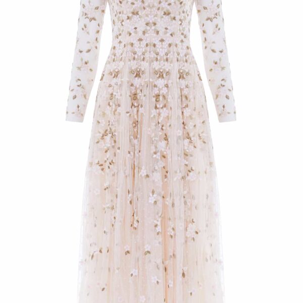 Needle & Thread Camellia Ditsy Ankle Gown in Cream/Multi - Dresses - British Luxury Evening Wear at Coveti