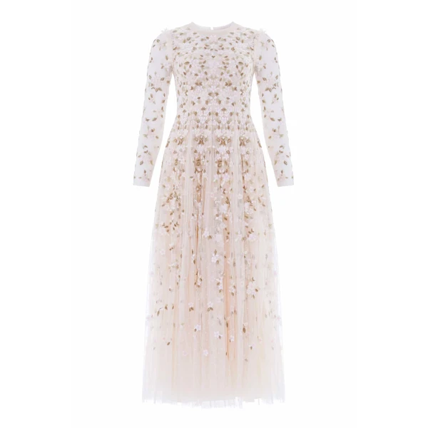 Needle & Thread Camellia Ditsy Ankle Gown in Cream/Multi - Dresses - British Luxury Evening Wear at Coveti