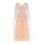 Needle & Thread Camellia Ditsy Cape Sleeve Ankle Gown in Apricot Blush/Multi - Dresses - British Luxury Evening Wear at Coveti