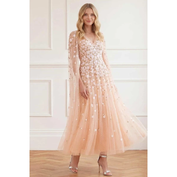 Needle & Thread Camellia Ditsy Cape Sleeve Ankle Gown in Apricot Blush/Multi - Dresses - British Luxury Evening Wear at Coveti