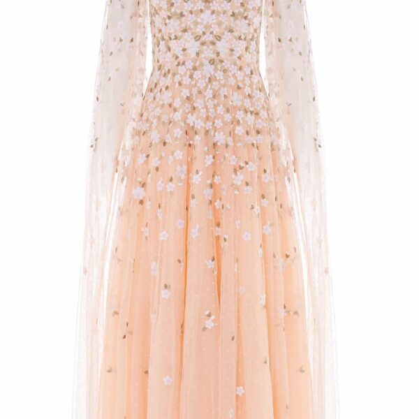 Needle & Thread Camellia Ditsy Cape Sleeve Ankle Gown in Apricot Blush/Multi - Dresses - British Luxury Evening Wear at Coveti