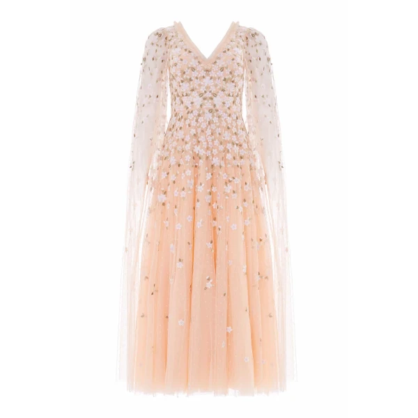 Needle & Thread Camellia Ditsy Cape Sleeve Ankle Gown in Apricot Blush/Multi - Dresses - British Luxury Evening Wear at Coveti